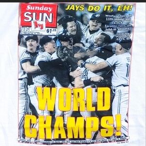Vtg 1992 Toronto Blue Jays World Series Champs T-Shirt XL Newspaper Print MLB
